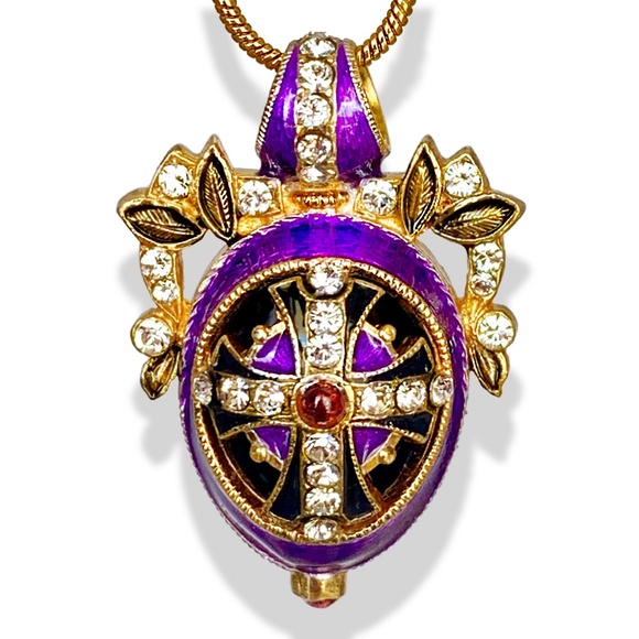 CROSS SILVER Religious Purple Enamel Faberge Egg Pendant Swarovski Garnets Gold - Picture 1 of 6